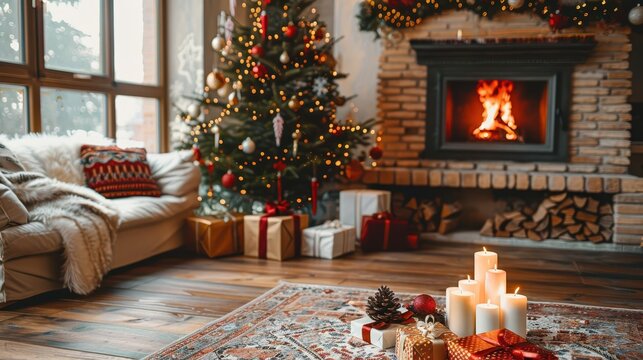 Cozy living room scene with a decorated Christmas tree, wrapped presents, and a lit fireplace, bringing out the warmth and festive spirit of the holiday season.