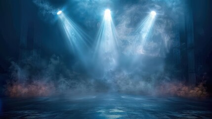 Atmospheric image of three bright spotlights directed at an empty stage, shrouded in smoke, creating a dramatic and suspenseful mood with blue and white lighting.