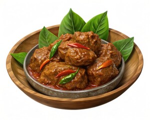 Rendang is a traditional Indonesian food. 3D illustration with isolated white background.