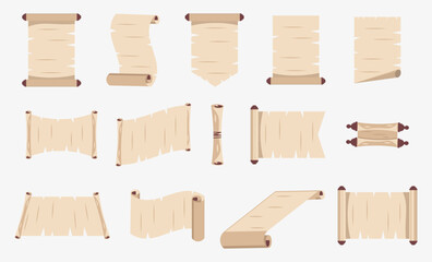 Ancient papyrus scroll collection on a white background