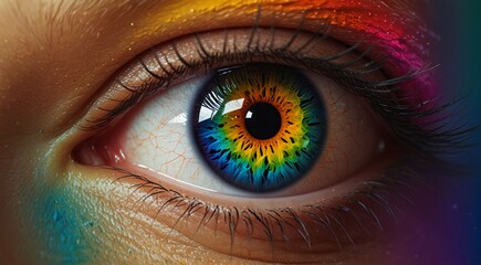 Fototapeta premium Close-up of a vibrant human eye with a rainbow-colored iris and colorful eyeshadow, symbolizing creativity, diversity, and vision.