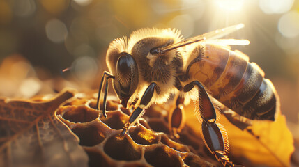 a bee on an old honeycomb