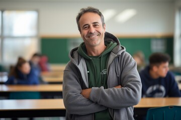 Fototapeta premium Portrait of a grinning man in his 50s wearing a zip-up fleece hoodie on lively classroom background