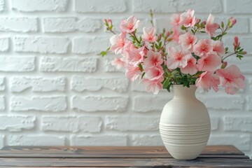 A beautiful arrangement of soft pink flowers in an elegant white vase, set against a textured white brick wall on a wooden table.
