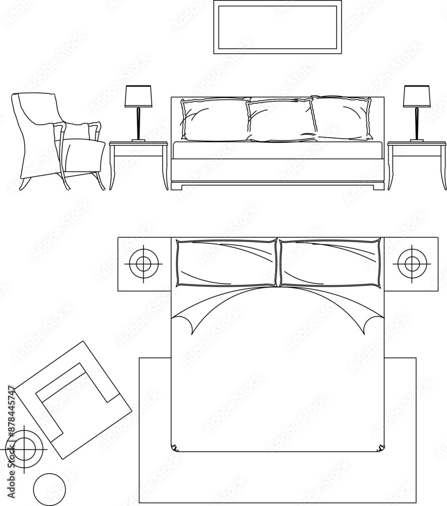 Wall mural Vector silhouette illustration sketch of detailed bedroom interior design with bed arrangement