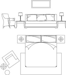 Vector silhouette illustration sketch of detailed bedroom interior design with bed arrangement