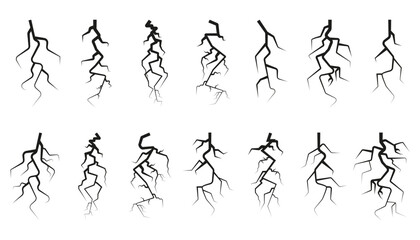 Power lightning icon collection. Set of lightning silhouettes. Black cracked glass, wall, ground