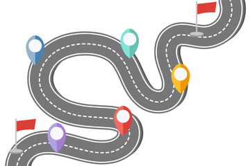 Winding road with pin and flag in a flat design