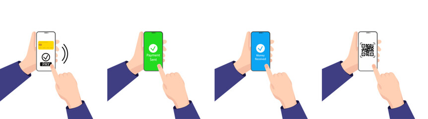 Hand holding smartphone with payment operation in a flat design