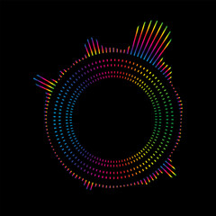 Music equalizer and sound wave. Vector of radial curves spectrum of radio wave oscillations. Multicolored neon sound wave of audio circles.