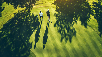 Aerial view of two golfers walking on a sunlit green course with shadows and trees, creating a serene and picturesque golfing environment