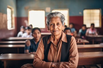 Portrait of a content indian woman in her 80s wearing a rugged jean vest over lively classroom background