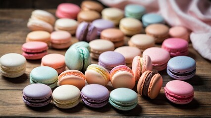 Obraz premium Variety of pastel-colored macarons arranged on wooden table