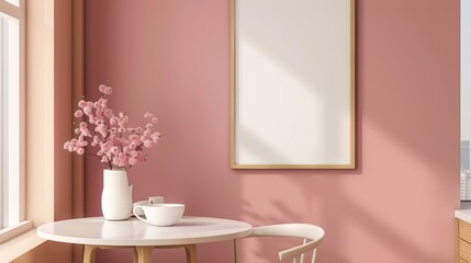 Minimalist Pink Room with Round Table and Flower Vase.