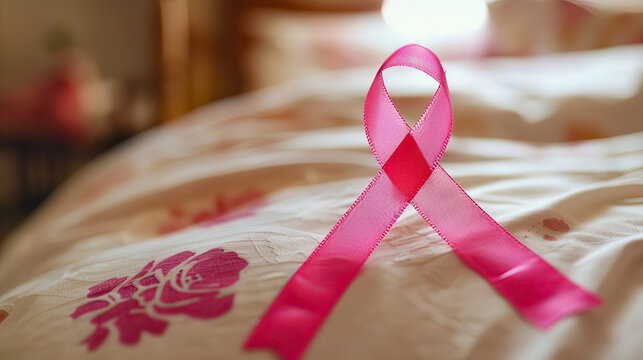 Pink breast cancer awareness ribbon on floral patterned bedspread