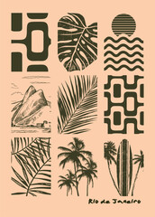 Composition illustration of tropical elements and the city of Rio de Janeiro, Brazil.