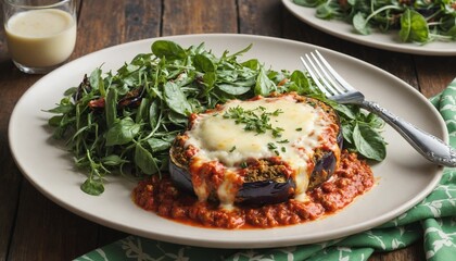 A plate of baked eggplant parmesan with a side of mixed greens.