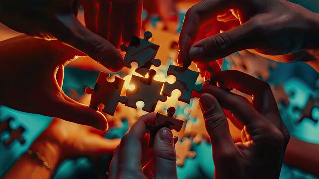 group of hands holding puzzle pieces gathering together, professional color grading, sharp focus, 