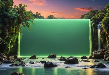 A green screen mock-up of a waterfall in a tropical paradise