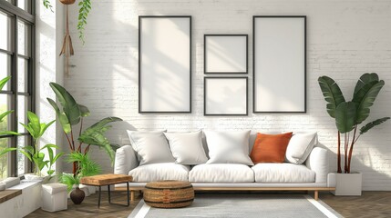 Frame mockup, modern living room with sofa, wall poster frame 3d render