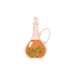 Herbal cider vinegar in glass jug with plant, vector flavor organic acid in pitcher with handle, sour cooking ingredient