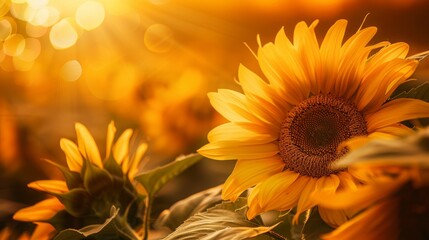 Fototapeta premium Sunflower in Golden Light: Warmth, Happiness, and Nature's Beauty - Close-Up Creative Banner