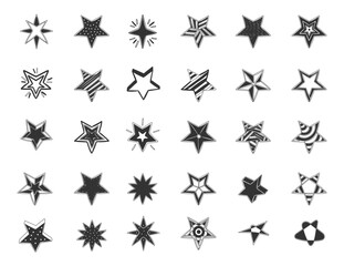Set of black hand drawn stars vector in doodle style isolated on white background, Elements for stars design, infographics, labels, advertising, games and web sites.Star doodle collection. 