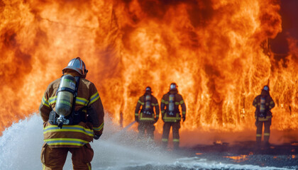 A vast blaze looms in front of a assembled team of firefighters, ready to combat the raging inferno