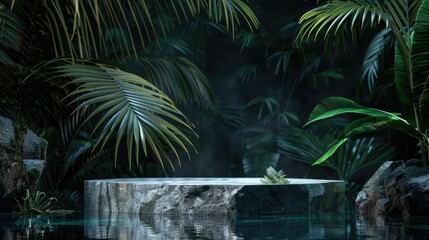 Luxurious natural stone podium with palm leaf and water in jungle setting at night for showcasing products on black background ideal for web banner
