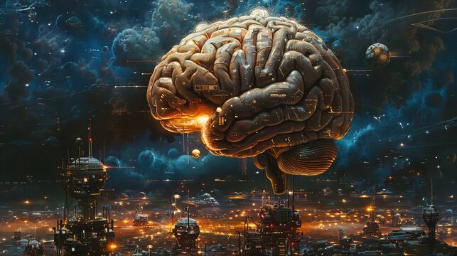 Exploding brain filled with knowledge, cyberpunk, dark hues, digital painting, intricate and high-tech details