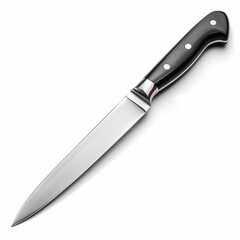 Chef's knife placed against a white backdrop