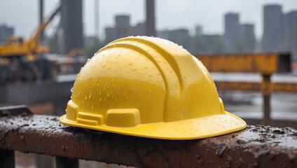 Labor day, yellow construction hard hat covered in raindrops and muddy stains, resting on a metal beam under rainy weather conditions with a blurred industrial background