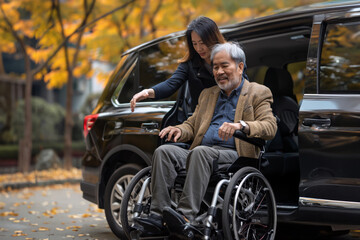 Naklejka premium Senior Man in Wheelchair Getting Out of Car