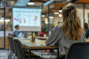 A woman sits at a table in front of a projector screen