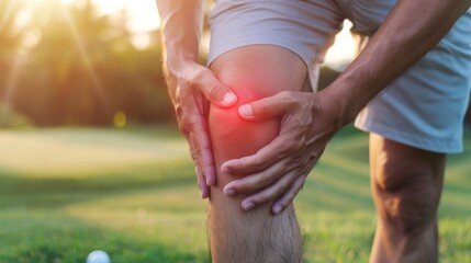 Golf course injury, knee discomfort during game, massage and wellness relief. Green, zoom on hands on leg in support, golfer having pain on grass.
