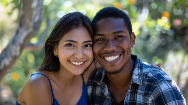 Portrait of multiracial couple, young people relaxing in park, sunshine, and summer for love, care, or quality time. Happy man, grin woman, diverse date in nature, outdoor, and happiness