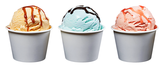Ice cream scoops in three flavors, each topped with a drizzle of syrup and nestled in a paper cup, showcasing their cool, creamy texture and vibrant colors.