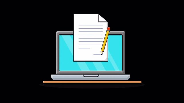 Animated Laptop with Paper Document and Pencil. Content Writing Concept Video - Transparent