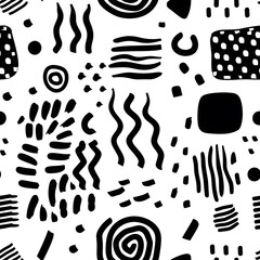Abstract black and white geometric seamless pattern with hand drawn elements. Perfect for textile, wallpaper, and packaging design.
