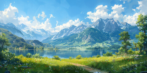 紫陽花と青空に虹がかかる風景