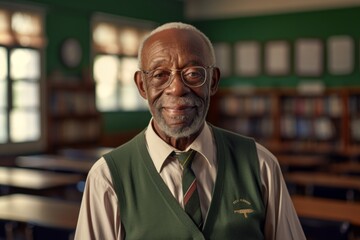 Fototapeta premium Portrait of a merry afro-american elderly man in his 90s wearing a breathable golf polo isolated on lively classroom background