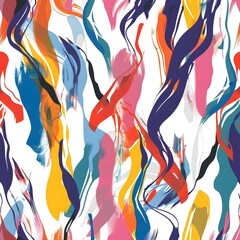 Abstract colorful pattern with dynamic brushstrokes and swirling lines on a white background.