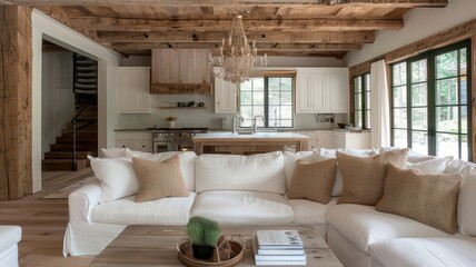 Obraz premium A charming rustic living room features a white sofa with burlap pillows, wooden ceiling beams, an ornate chandelier, and a kitchen area with a central island and natural light.