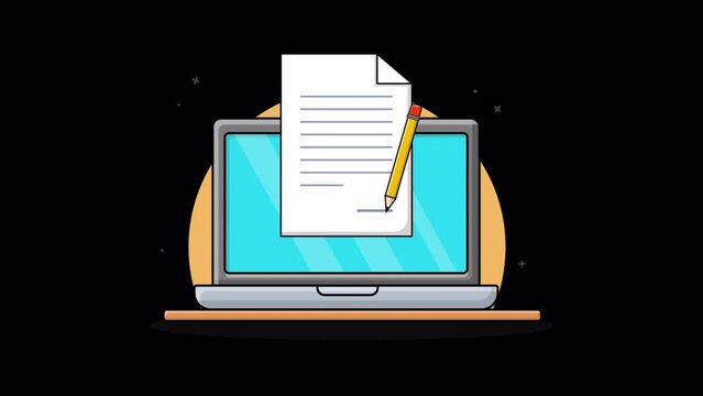 Laptop with Paper Document and Pencil. Content Writing Concept Animation Video - Transparent