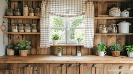 A cozy farmhouse kitchen with rustic wooden shelves and cabinets, adorned with simple ceramic dishes and jars. The open shelves display greenery and provide an inviting, homely atmosphere.