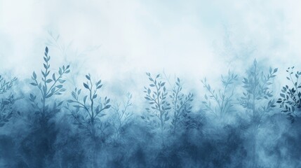 Abstract blue watercolor background with delicate silhouettes of plants, creating a serene and ethereal mood.