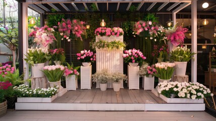 Fototapeta premium A vibrant spring-themed floral display featuring an array of pink and white flowers arranged in elegant pots and stands. The setup includes a wooden backdrop, hanging lights, and lush greenery