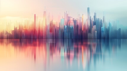 A vibrant, stylized cityscape reflected in a colorful, rippling water surface.  The cityscape is silhouetted against a vibrant sunset sky.