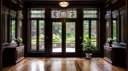 Obraz premium An elegant entryway featuring dark wood paneling, intricate stained glass windows, and a polished hardwood floor. The space is adorned with potted plants and floral arrangements