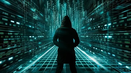 Data Breach Concept: Dark Hacker Silhouette Against Digital Cyberspace - Cybercrime and Hacking Threat Banner